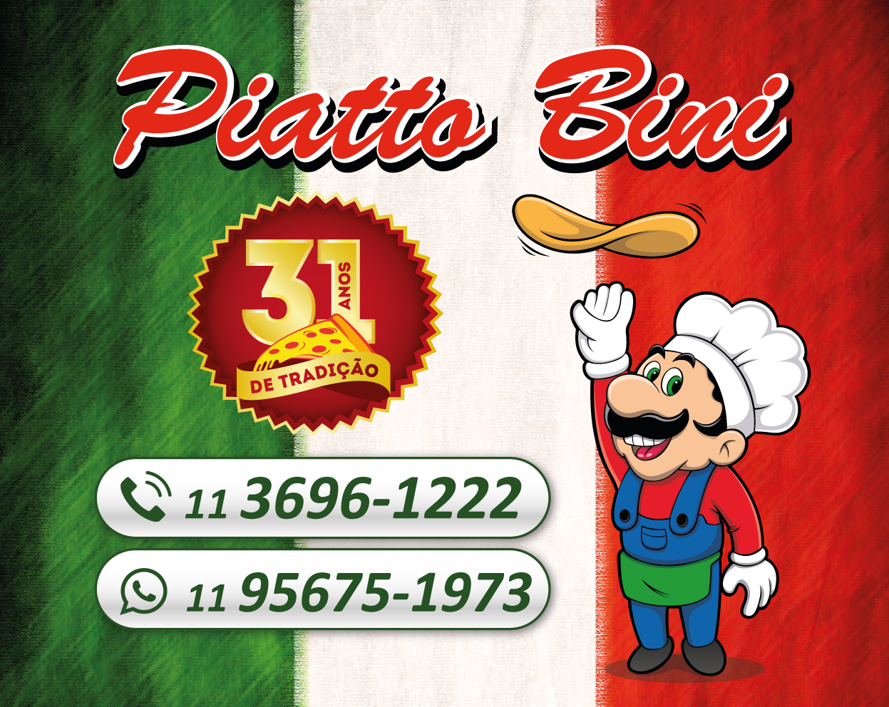 Imagem de um mascote de pizzaria com informações de contato